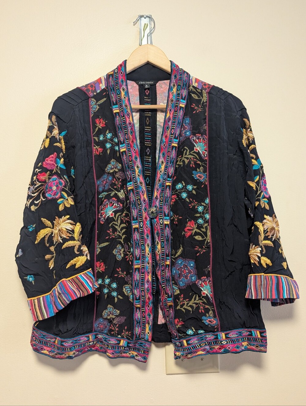 John Mark Floral Embroidered Kimono Jacket Boho Open Front XL